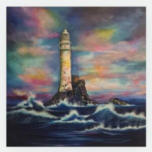 A vibrant painting of Fastnet Rock lighthouse surrounded by dramatic ocean waves, painted by Orla Hickey.