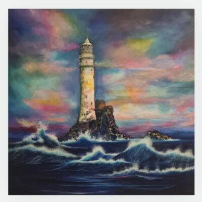 A vibrant painting of Fastnet Rock lighthouse surrounded by dramatic ocean waves, painted by Orla Hickey.